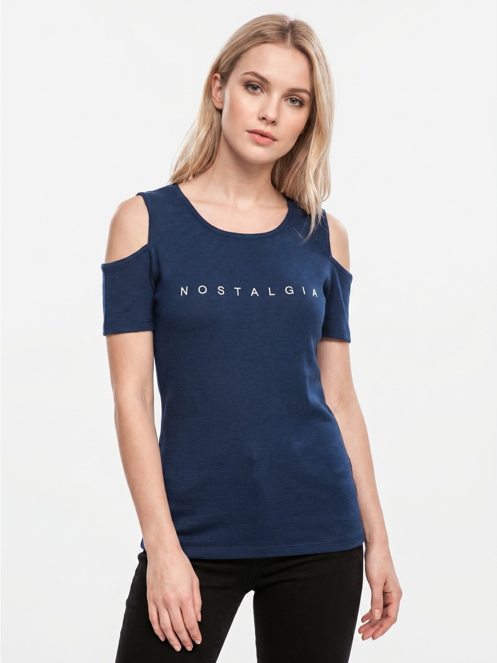 H&M Navy Cold-Shoulder Logo Tee